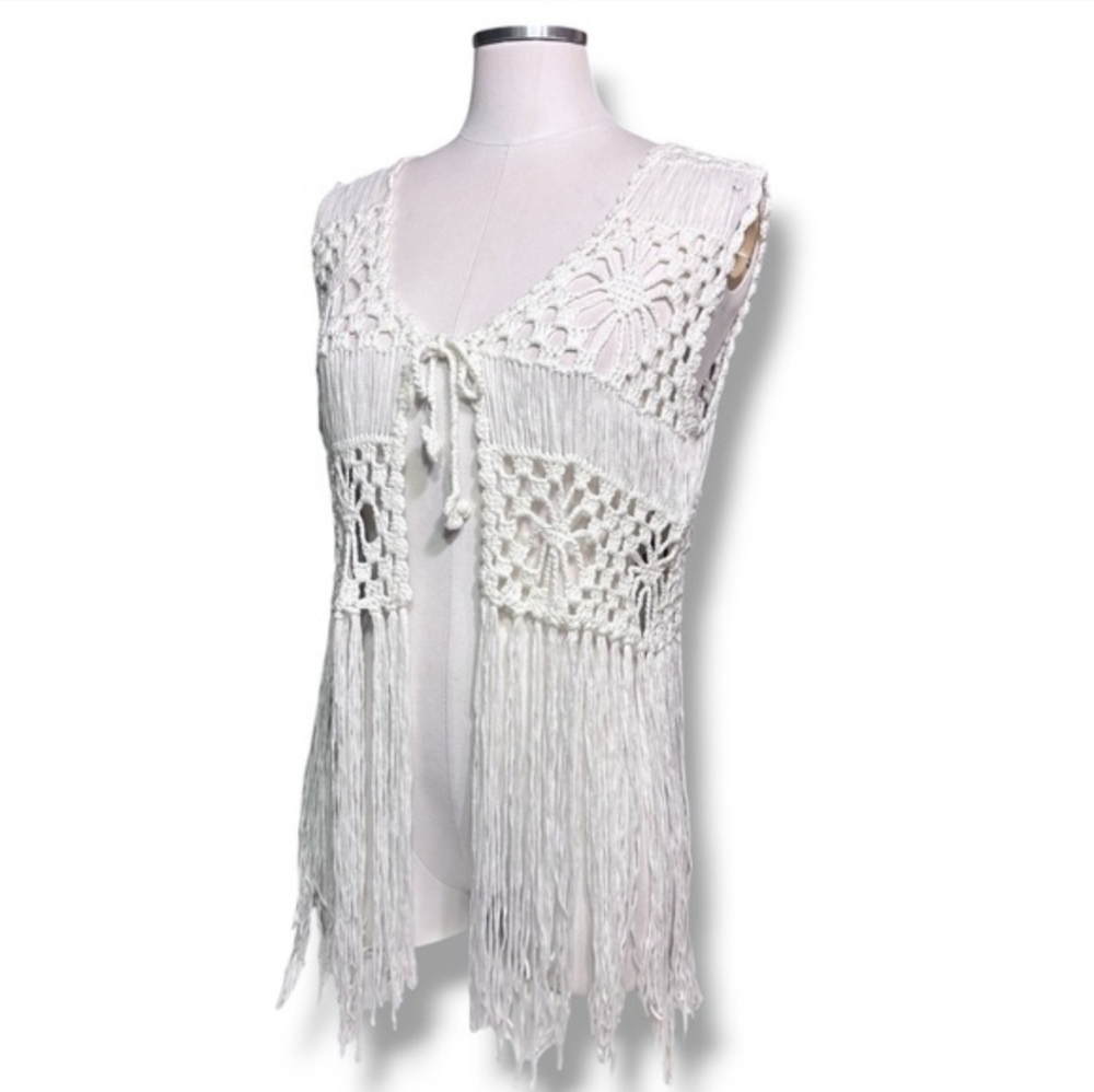 Off White Open Crochet Tie Closure Cropped Vest Long Fringe One Size